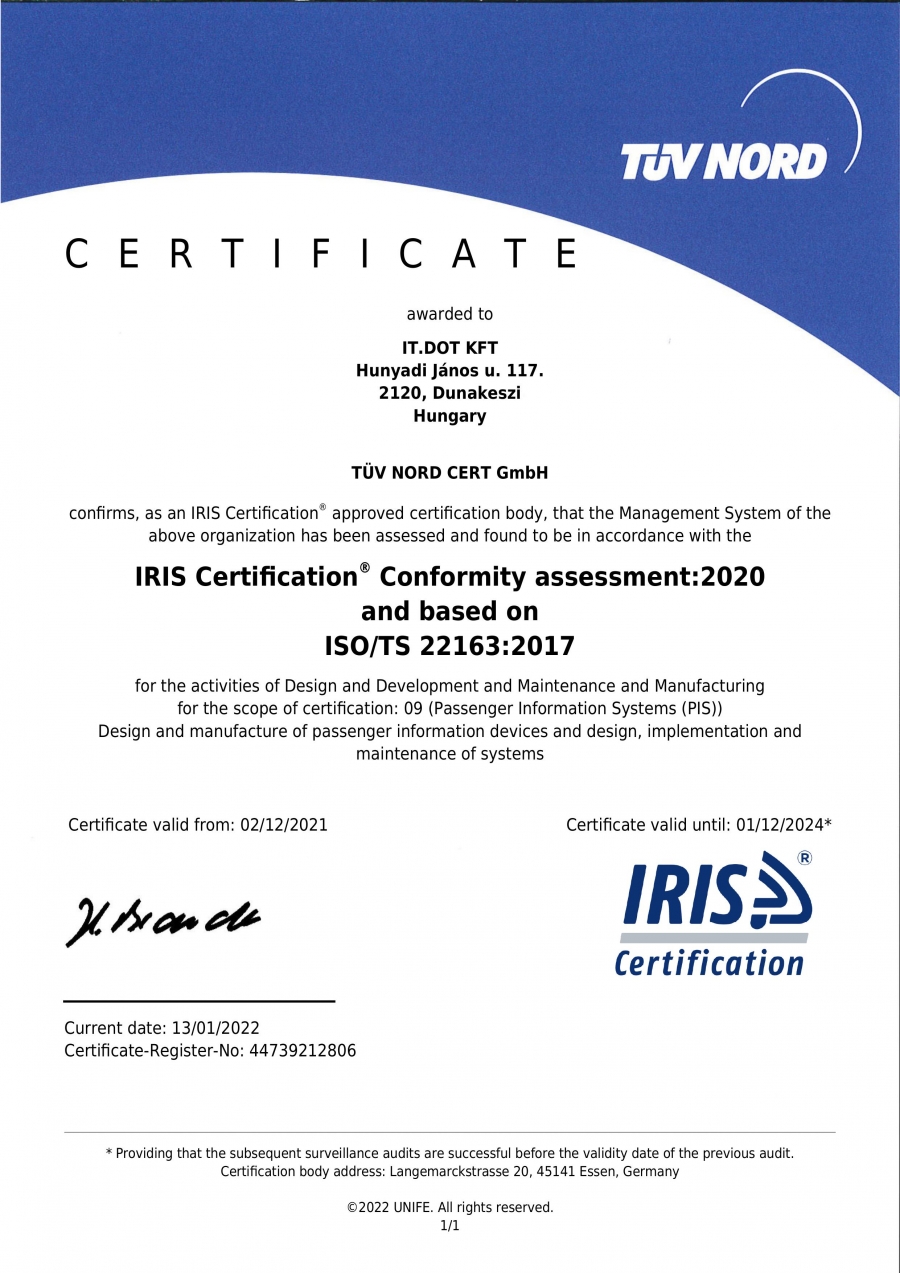 Our company is proud to be the 9th in Hungary to obtain the highest international quality assurance certificate available in the railway industry.